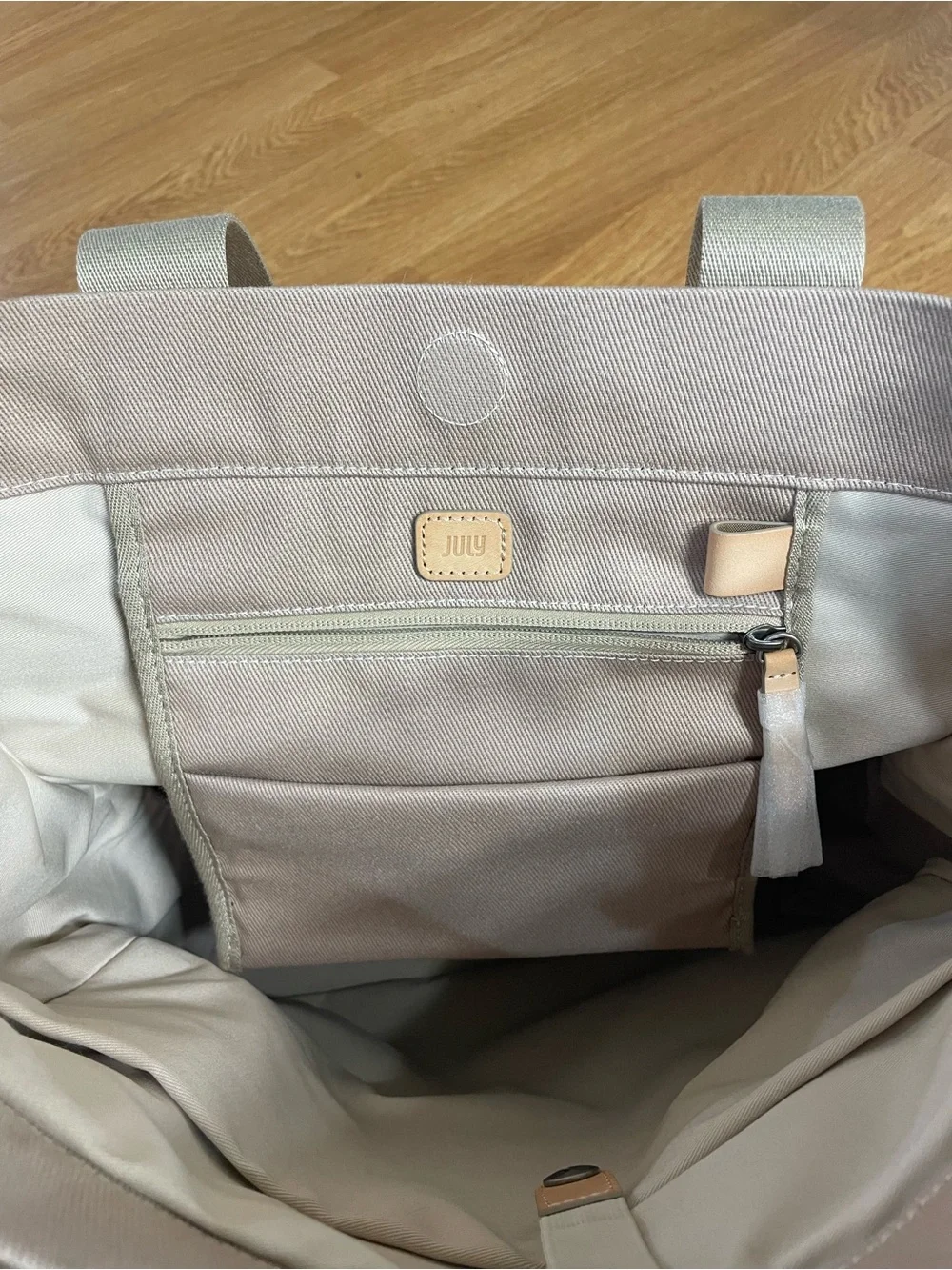 July Daybreak Taupe Beige Canvas Laptop Tote with Tan Accents